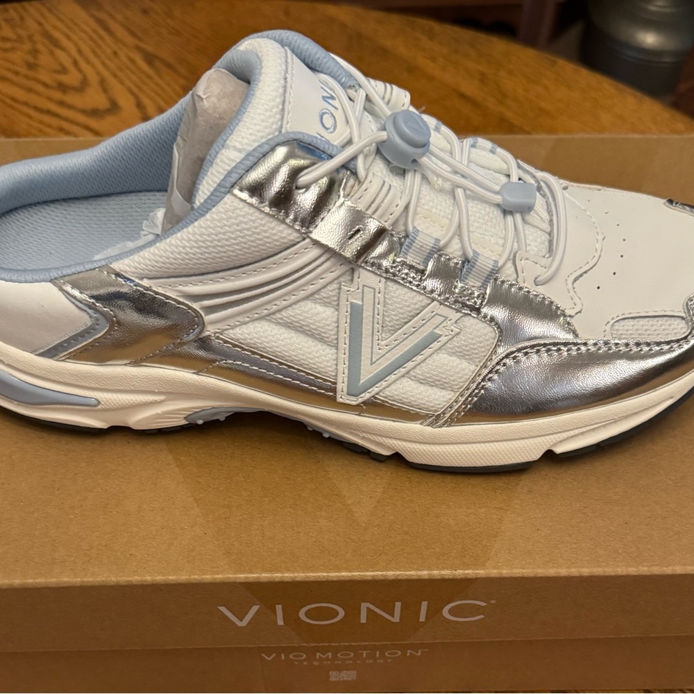 Vionic Women's Metallic Silver and White Sneakers slip on mules. - Picture 5 of 6